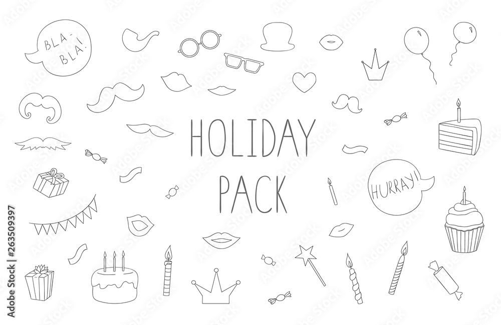 Naklejka premium Wektor zestaw rekwizytów do fotobudki czarno-białe, ciasta, świece, balony, konfetti, słodycze, cukierki, dymki. Kolekcja świąteczna lub urodzinowa. Pakiet grafiki liniowej do projektowania imprez lub zaproszenia.