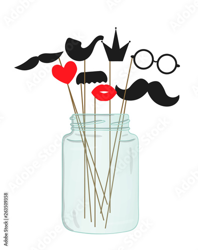 Vector illustration of moustache, glasses, lips, heart, crown, pipe on stick in a glass jar. . Illustration for holiday or party. Moustache season poster. Photo booth props picture