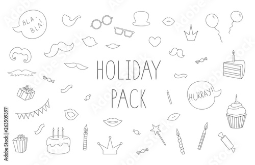 Vector set of black and white photo booth props, cakes, candles, balloons, confetti, sweets, candies, speech bubbles. Holiday or birthday collection. Linear art pack for party design or invitation.