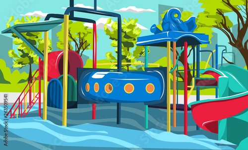 Waterpark Playground Splash Pool for Kids with Tunnels and Slides for Cartoon Vector Outdoor Architecture Design Ideas