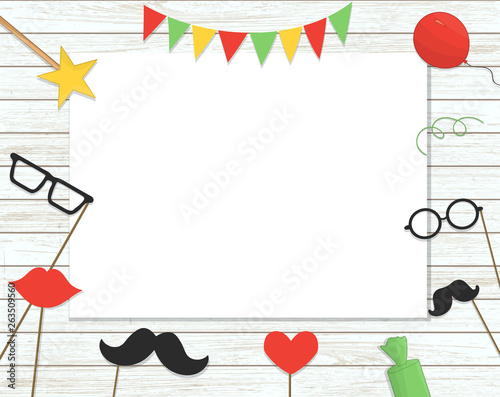 Vector illustration of photo booth props on stick, balloons, confetti, presents, candies on shabby wooden background with place for text. Illustration for Birthday, party or holiday