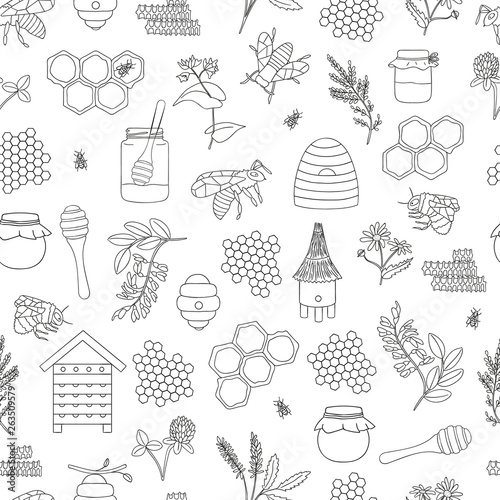 Vector black and white seamless pattern of honey, bee, bumblebee, beehive, wasp, apiary, meadow flowers, honeycombs, propolis, jar, spoon. Monochrome repeating background.