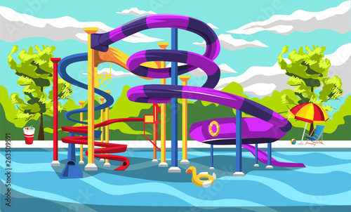 Clean Thrill Waterpark Playground Resort for Kids with Slides and Green Panorama for Cartoon Vector Outdoor Design Ideas