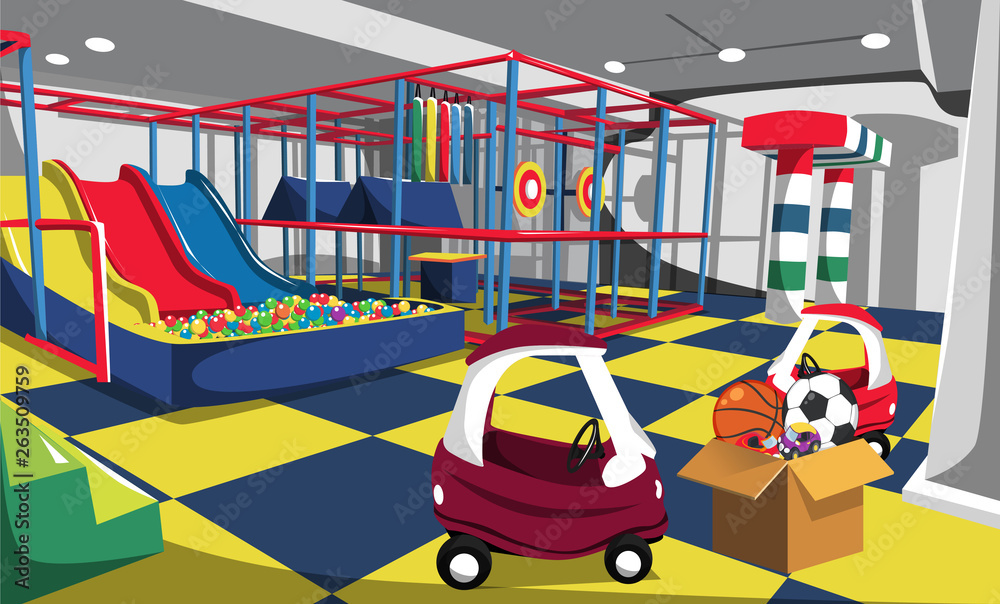 Clean Kids Playground with Slides, Ball Pit, Toys Cars, Colorful Arena