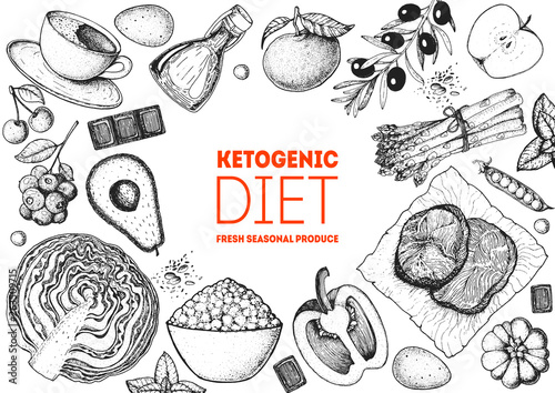 Ketogenic diet hand drawn vector illustration. Organic food diet. Good food illustration. Design elements. Hand drawn sketch. Various food frame. Organic food store concept
