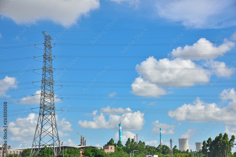 Obraz premium high voltage post.High-voltage tower sky background.