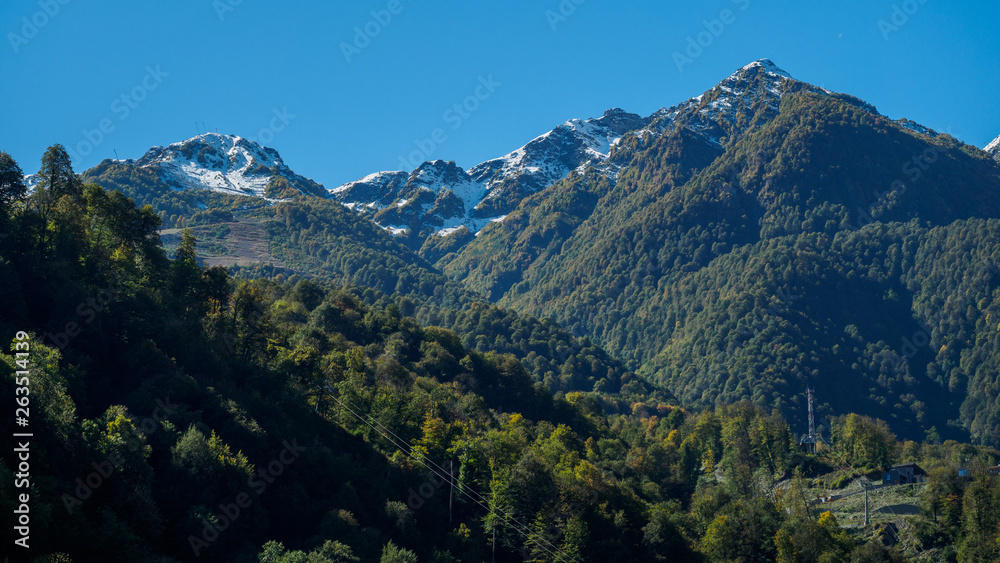 Green slopes of mountains with snowy peaks and cable cars