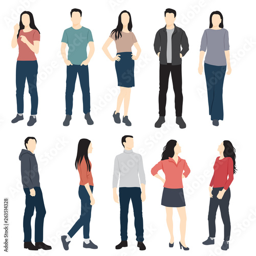 Set of men and women standing in different poses, cartoon character, group of business people in colorful clothes, vector silhouettes and flat designe icon isolated on white background