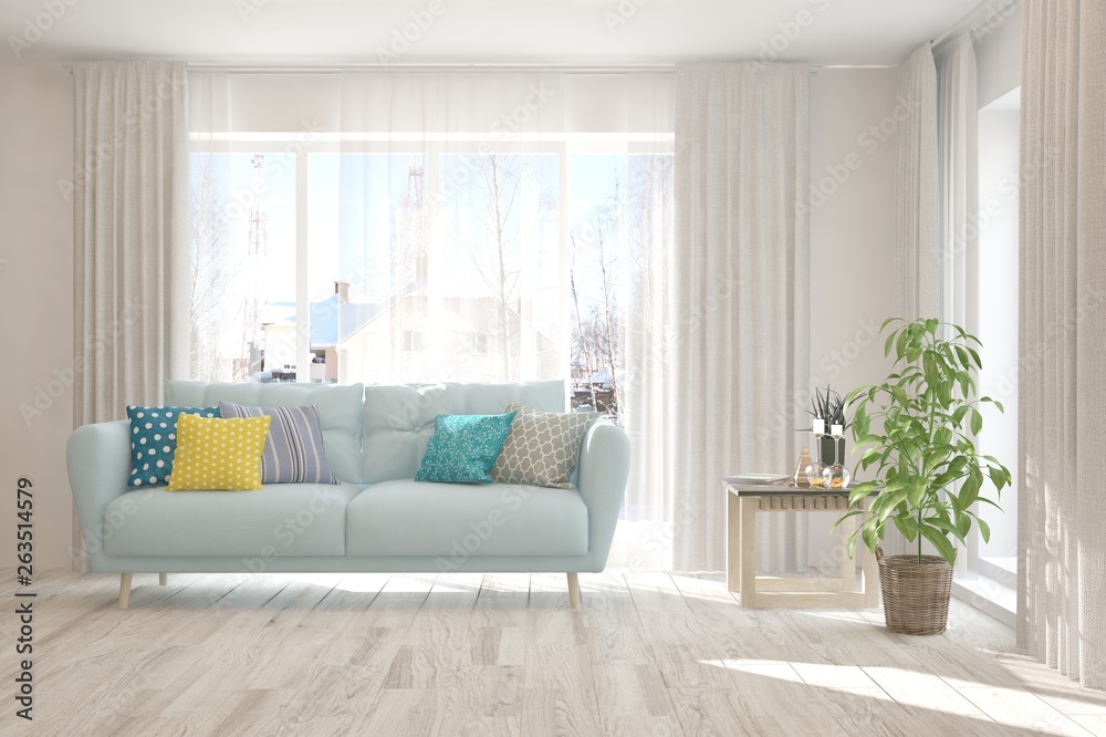 Fototapeta premium Stylish room in white color with sofa. Scandinavian interior design. 3D illustration