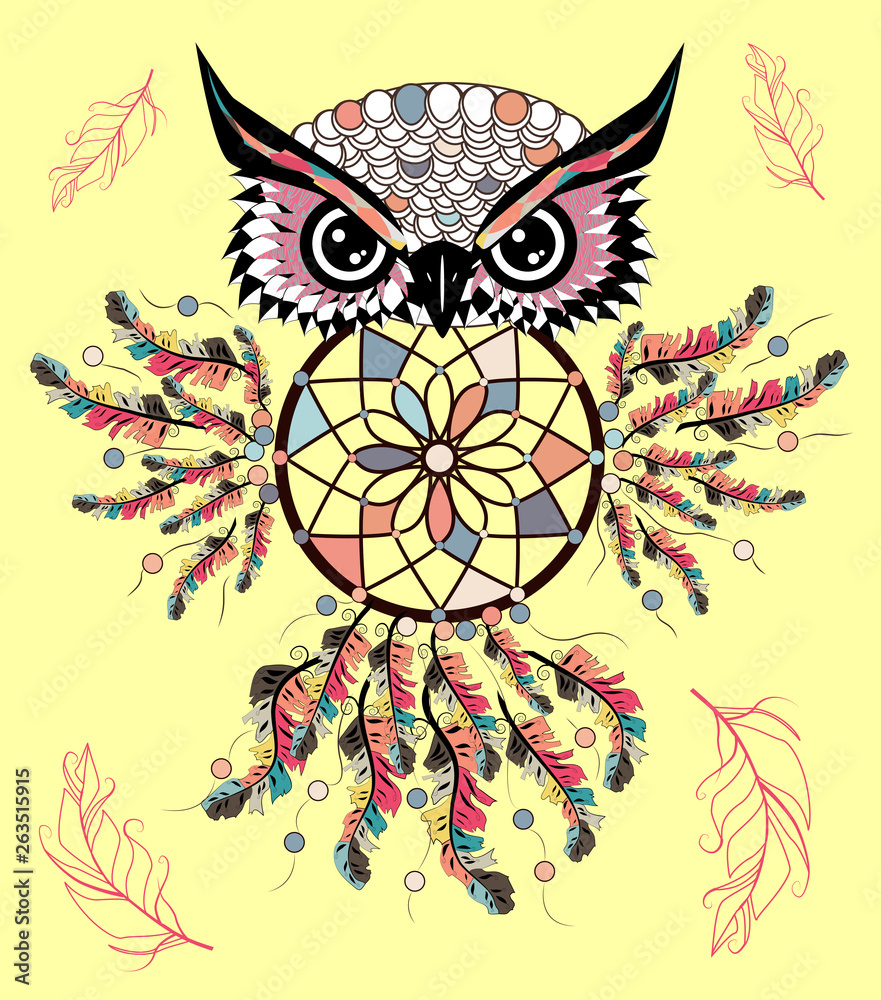 Fototapeta premium Artistic owl with Dreamcatcher. Graphic arts, dotwork.