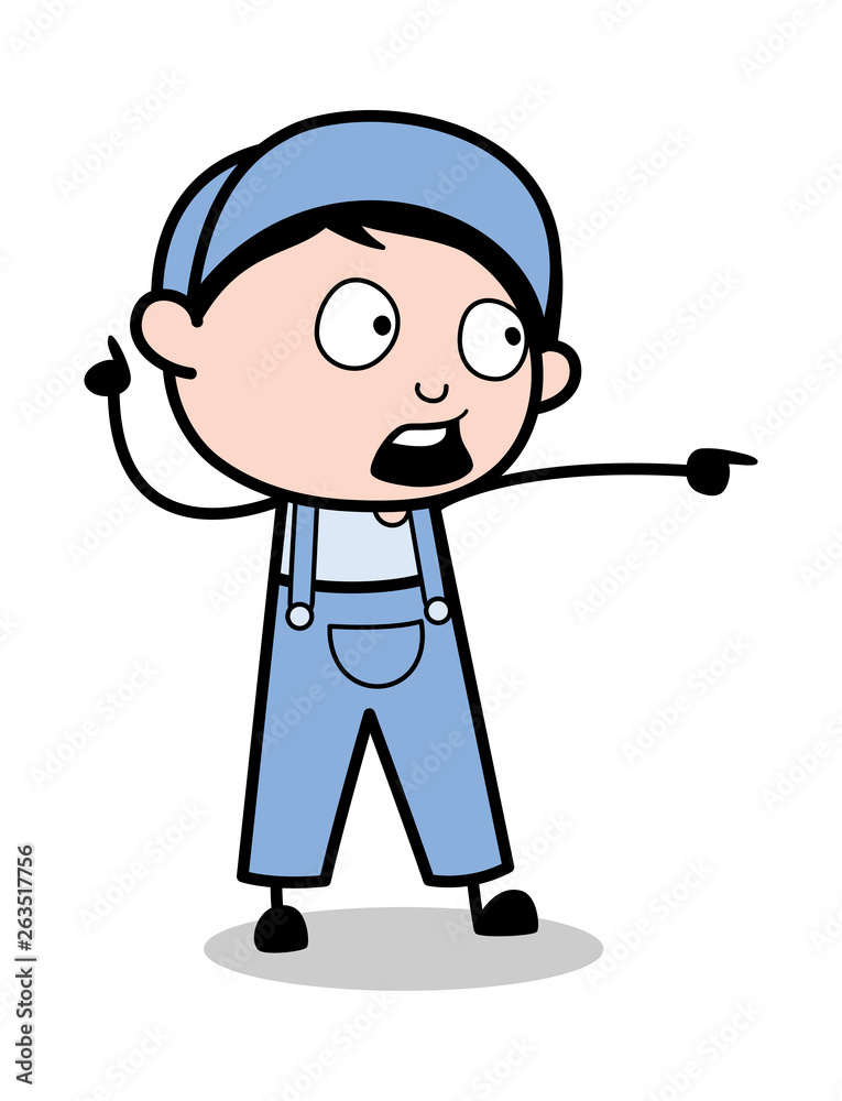Showing by Pointing Finger - Retro Repairman Cartoon Worker Vector Illustration Showing by Pointing Finger - Retro Repairman Cartoon Worker Vector Illustration