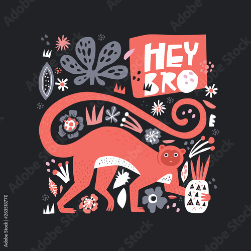 Monkey on hand drawn floral background