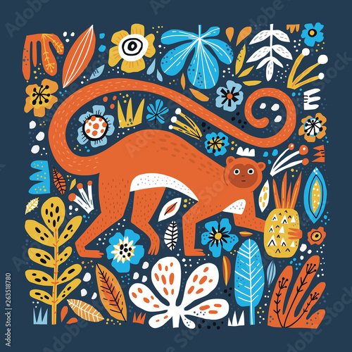 Monkey flat hand drawn floral background