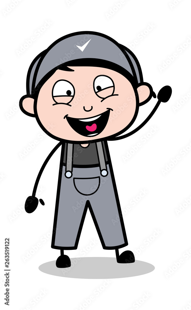 Hello Gesture - Retro Repairman Cartoon Worker Vector Illustration Hello Gesture - Retro Repairman Cartoon Worker Vector Illustration