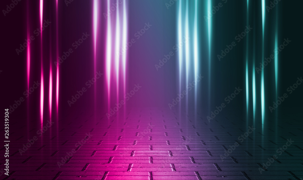 Empty background scene. Dark reflection of the street on the wet asphalt. Rays of neon light in the dark, neon figures, smoke. Night view of the street, the city. Abstract dark background.