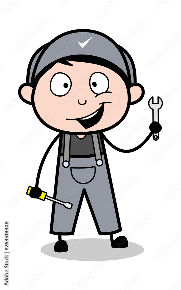 Presenting Tools - Retro Repairman Cartoon Worker Vector Illustration Presenting Tools - Retro Repairman Cartoon Worker Vector Illustration