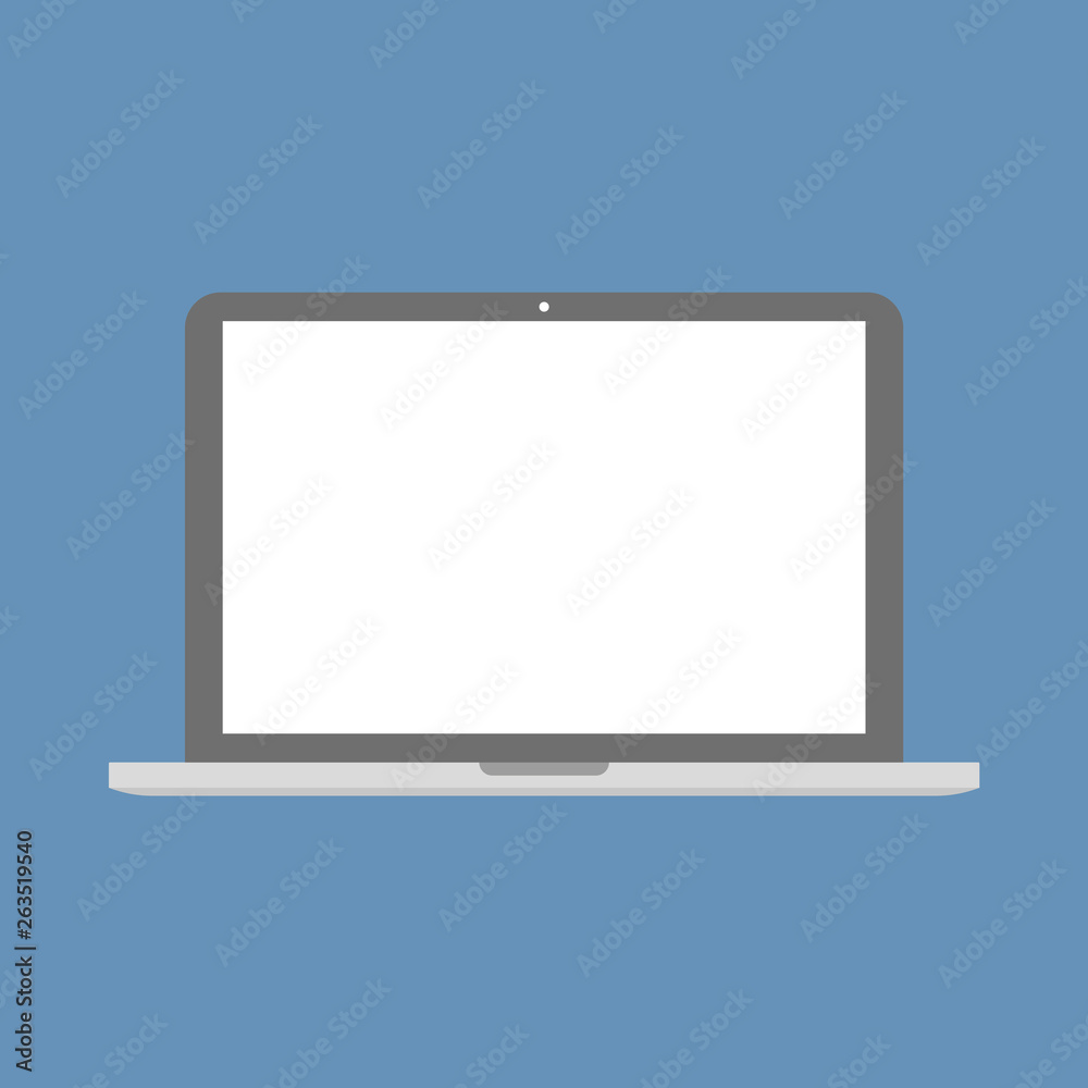Grey and silver color notebook laptop flat style with empty white screen on blue background. laptop notebook flat style vector. Grey and silver color notebook laptop flat style with empty white screen on blue background. laptop notebook flat style vector.