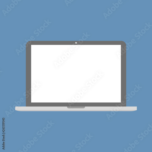 Grey and silver color notebook laptop flat style with empty white screen on blue background. laptop notebook flat style vector.