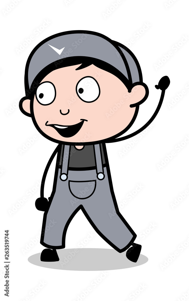 Saying Bye Gesture - Retro Repairman Cartoon Worker Vector Illustration Saying Bye Gesture - Retro Repairman Cartoon Worker Vector Illustration