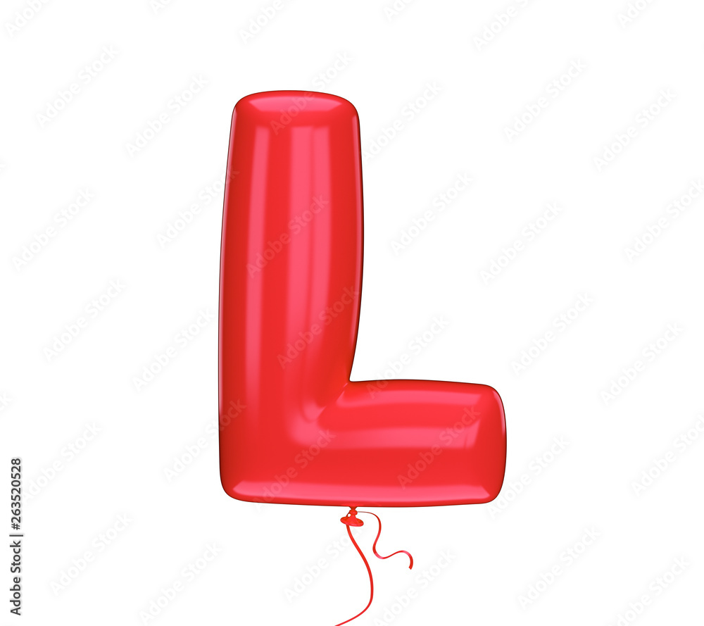 Red color material textured letter L. Made of an inflatable balloon on a white background. Isolated, 3d rendering	