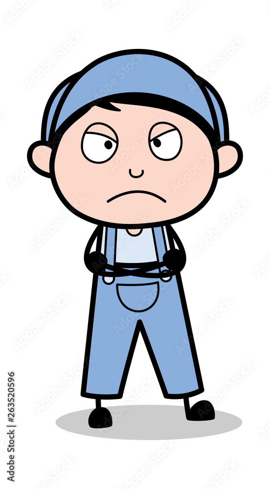 Angry Mood - Retro Repairman Cartoon Worker Vector Illustration
