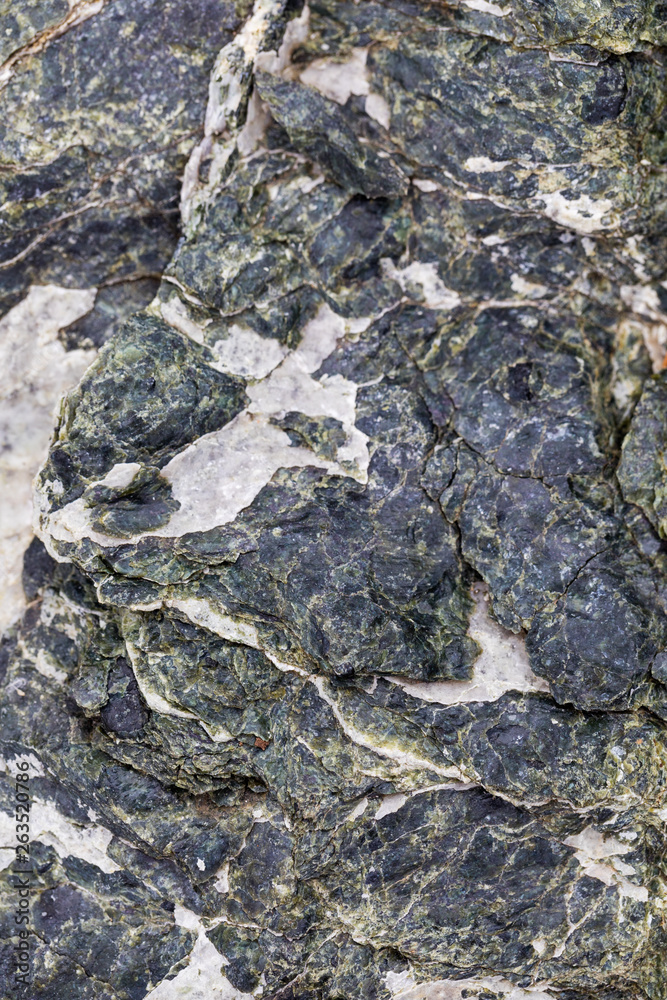 Obraz premium The structure of a stone of green color damaged by bad weather with moss-grown. Ready photo background. Soft focus. Macro.