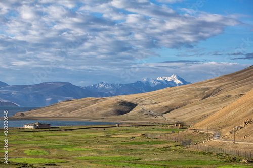 Tso Moriri lake landscape near Karzok Village in Changtang plateau, Ladakh