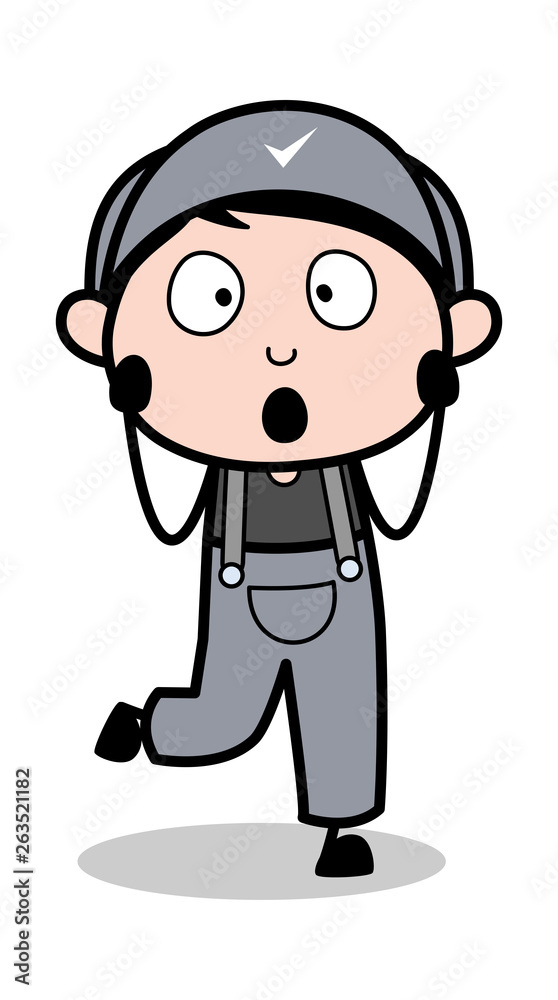 Shocked Face Expression - Retro Repairman Cartoon Worker Vector Illustration