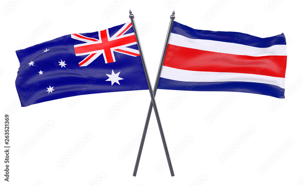 Australia and Costa Rica, two crossed flags isolated on white background. 3d image