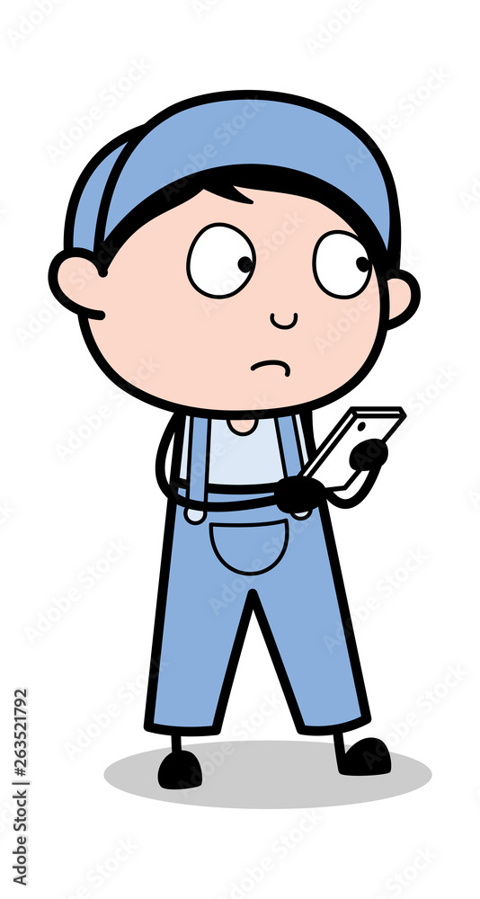 Holding a Mobile Phone - Retro Repairman Cartoon Worker Vector Illustration
