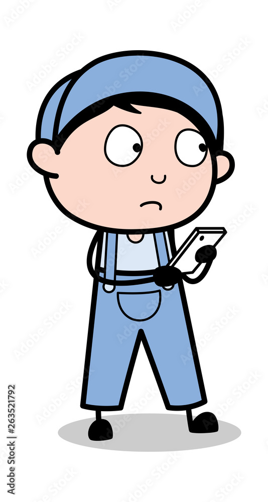 Holding a Mobile Phone - Retro Repairman Cartoon Worker Vector Illustration Holding a Mobile Phone - Retro Repairman Cartoon Worker Vector Illustration