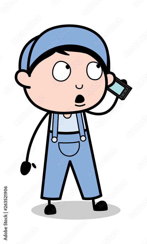 Doing Conversation on Call - Retro Repairman Cartoon Worker Vector Illustration