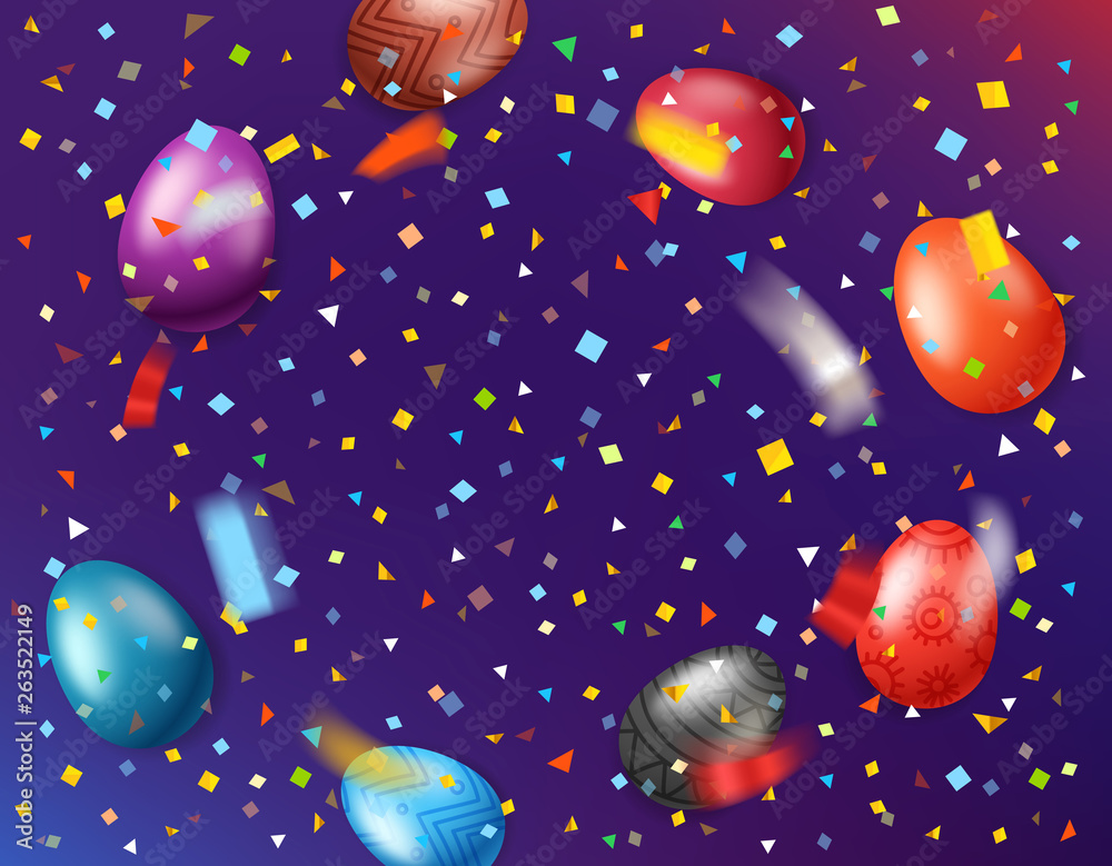Fototapeta premium Easter greeting card with color eggs and falling confetty. Vector illustration