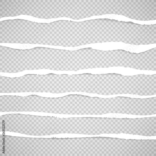 White paper pieces with ragged edges. Paper dividers isolated set on transparent