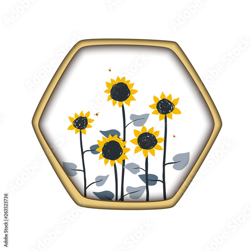 Banner floral background or card template with blooming sunflowers in the honey comb. Sunflower honey label design. Vector background