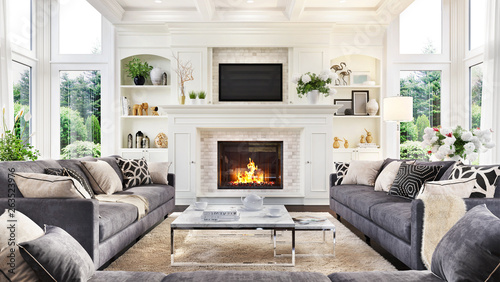 Luxurious interior design living room and fireplace in a beautiful house photo