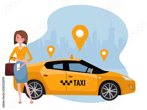 Young woman ordering taxi on mobile phone. Rent a car using mobile app. Online taxi app concept. Yellow car on background of silhouette of city and geolocation signs.Vector flat cartoon illustration