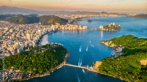 View of drone from the bay of São Vicente with Santos to the bottom in the state of São Paulo - Brazil. photo