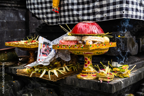 Offerings for the Hindu Gods and Demons at Balinese Hindu temple on Bali island, Indonesia