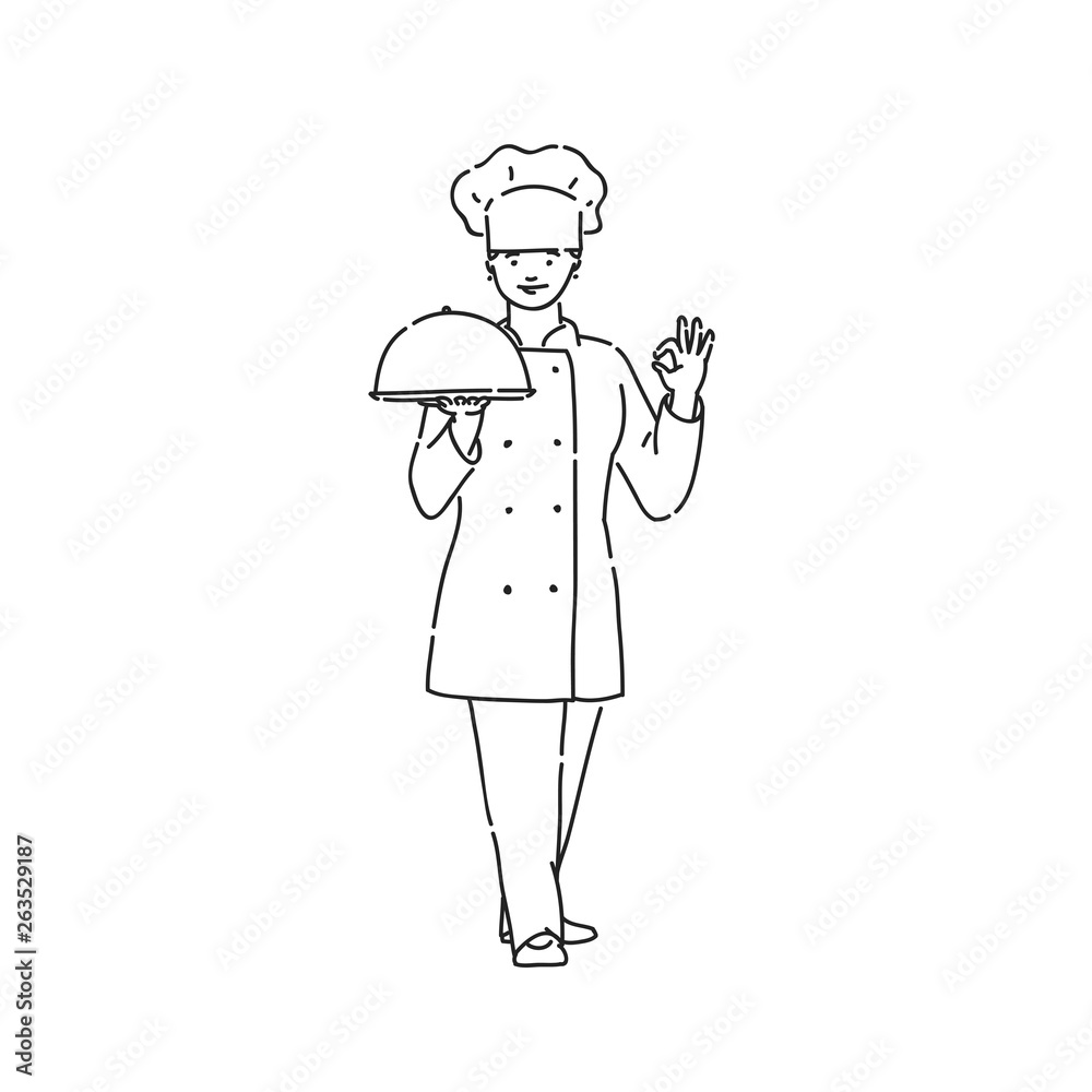 Chef cook woman in professional uniform with dish in hand showing thumbs OK sign. Line art style character vector black white isolated illustration. Chef cook woman in professional uniform with dish in hand showing thumbs OK sign. Line art style character vector black white isolated illustration.