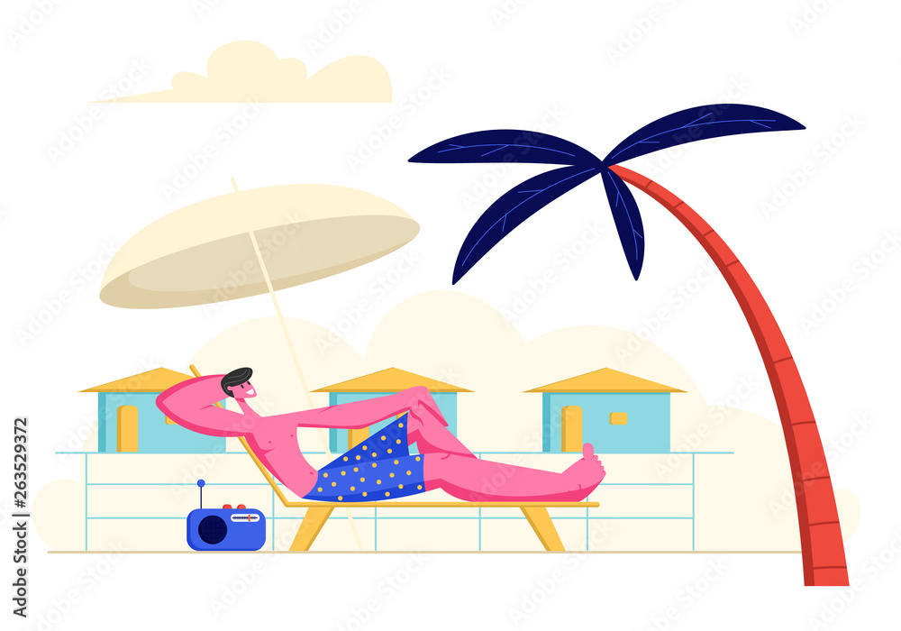 Young Man Lounging and Listening Radio Music on Chaise Lounge under Sun Umbrella and Palm Tree on Sea Beach at Summer Time Vacation. Tourist Relaxing on Seaside Resort Cartoon Flat Vector Illustration