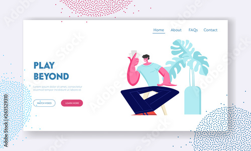 Young Smiling Male Character Sitting at Chair with Cards in Hand Playing Board Desktop or Tabletop Game, Home Leisure Activity, Website Landing Page, Web Page. Cartoon Flat Vector Illustration, Banner