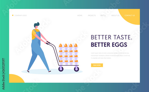 Poultry Farm Worker Wearing Uniform Overall Pushing Wheeled Cart with Chicken Eggs Production Packed at Manufacture Line. Website Landing Page, Web Page Cartoon Flat Vector Illustration, Banner