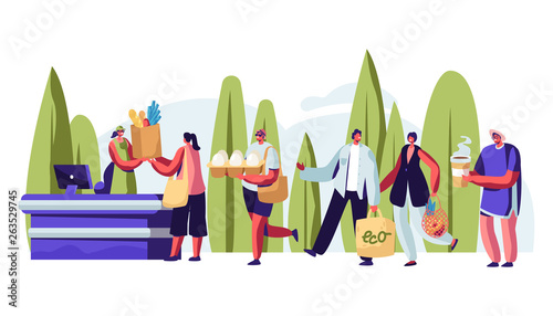 People Stand in Queue with Reusable Packaging in Hands Visiting Open Air Store. Male and Female Characters Use Eco Packing for Shopping Happy of Purchases and Bought. Cartoon Flat Vector Illustration