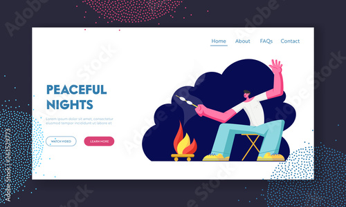 Young Man Frying Marshmallow at Campfire at Night Touristic Summer Camp. Traveling Male Character Leisure, Night Spare Time. Website Landing Page, Web Page. Cartoon Flat Vector Illustration, Banner