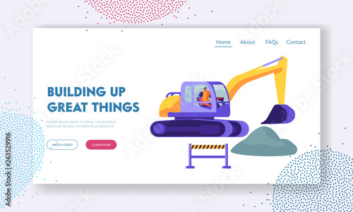 Excavator Digging Hole in Ground, Bagger Excavating Work on Foundation or Road Repair, Construction Machinery in Building Action Website Landing Page, Web Page Cartoon Flat Vector Illustration, Banner