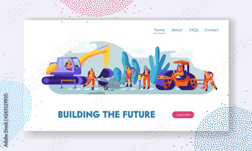 People and Machinery at Road Repairing Work Concept. Excavator and Steamroller Heavy Vehicles Making Asphalt Maintenance in City Website Landing Page, Web Page Cartoon Flat Vector Illustration, Banner