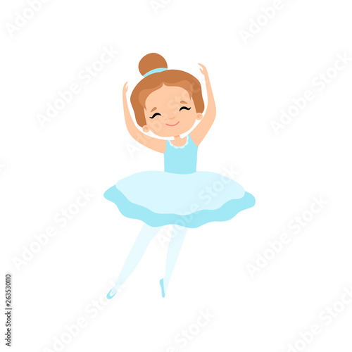 Cute Little Ballerina Dancing, Girl Ballet Dancer Character in Light Blue Tutu Dress Vector Illustration
