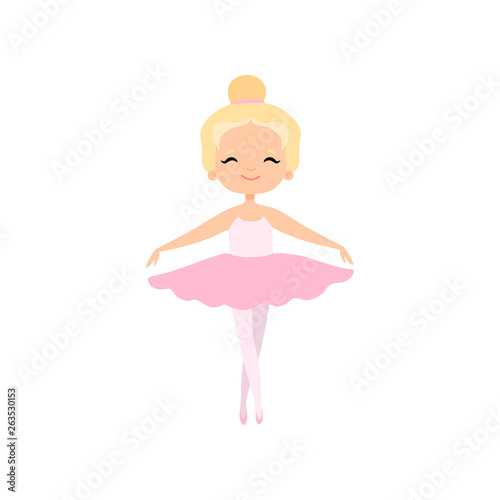 Cute Little Ballerina Dancing, Blonde Girl Ballet Dancer Character in Pink Tutu Dress Vector Illustration
