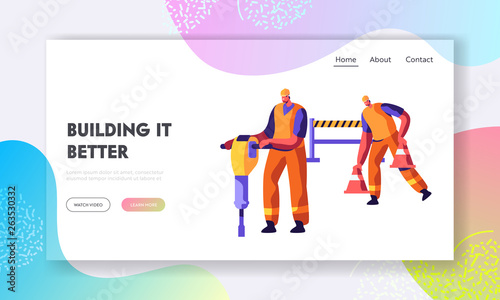 Workers Characters with Jackhammer and Traffic Cones Prepare Road for Repair and Asphalt Maintenance Infrastructure Construction Website Landing Page, Web Page Cartoon Flat Vector Illustration, Banner
